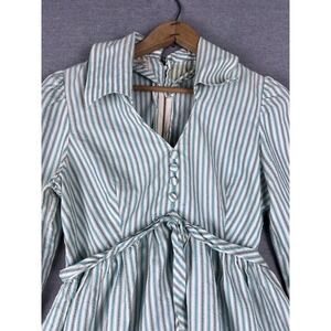 Vintage Green White Striped Long Sleeve Mini Dress V-Neck Tie Waist Size 8‎